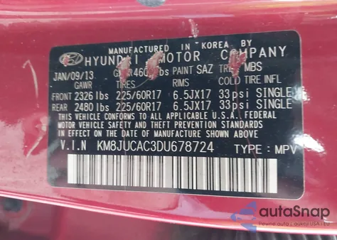 2013 Hyundai Tucson Gls из США, поврежденный, VIN KM8JUCAC3DU678724